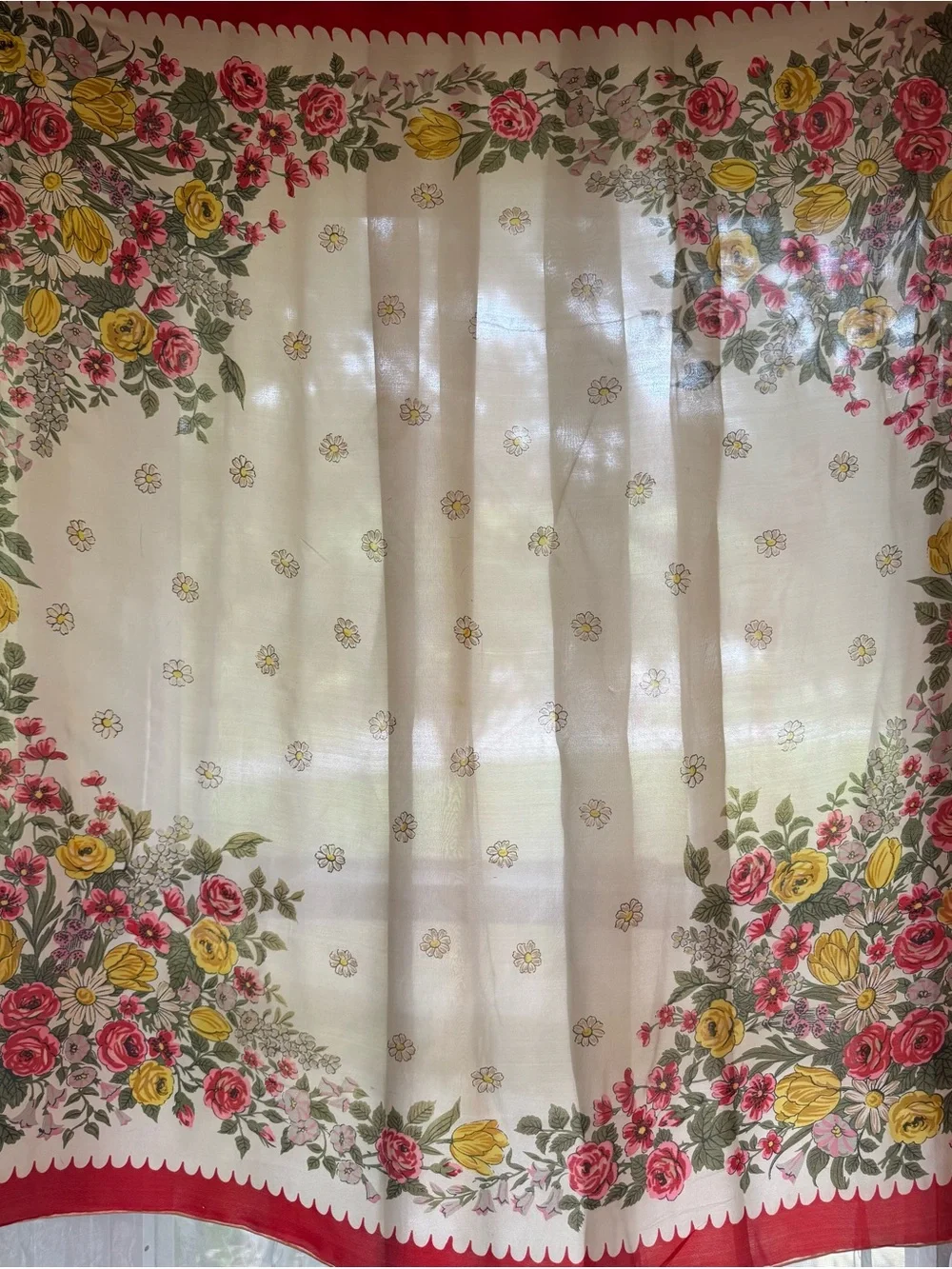 Vintage Carol Stanley Mid Century 100% Silk Floral Red, Yellow & Green Scarf